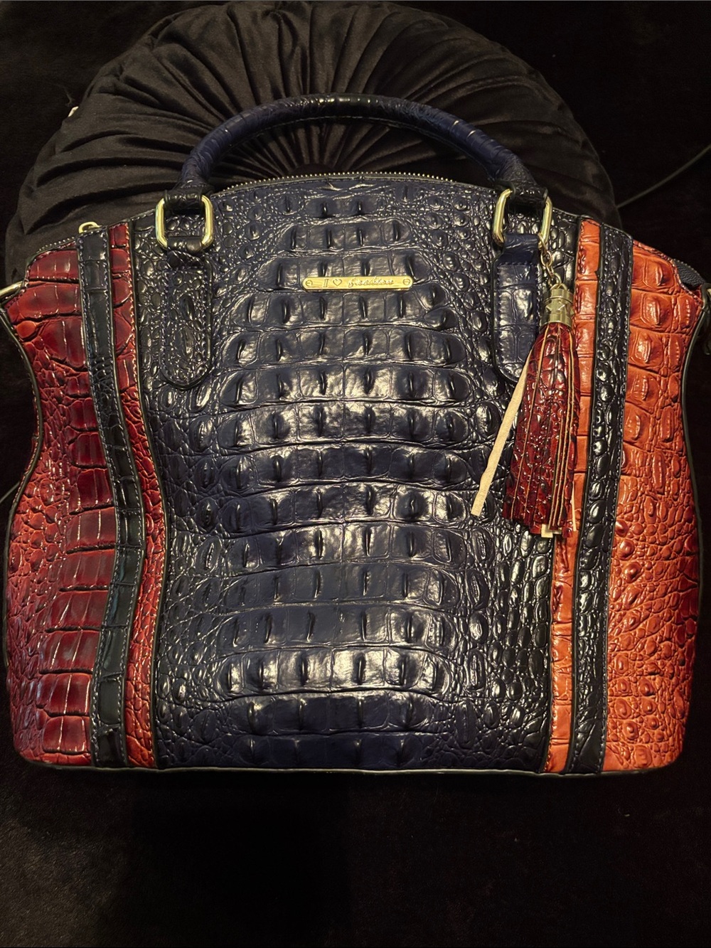 Croc-Embossed faux Leather Satchel in Navy, Red & Brown fashion bag.